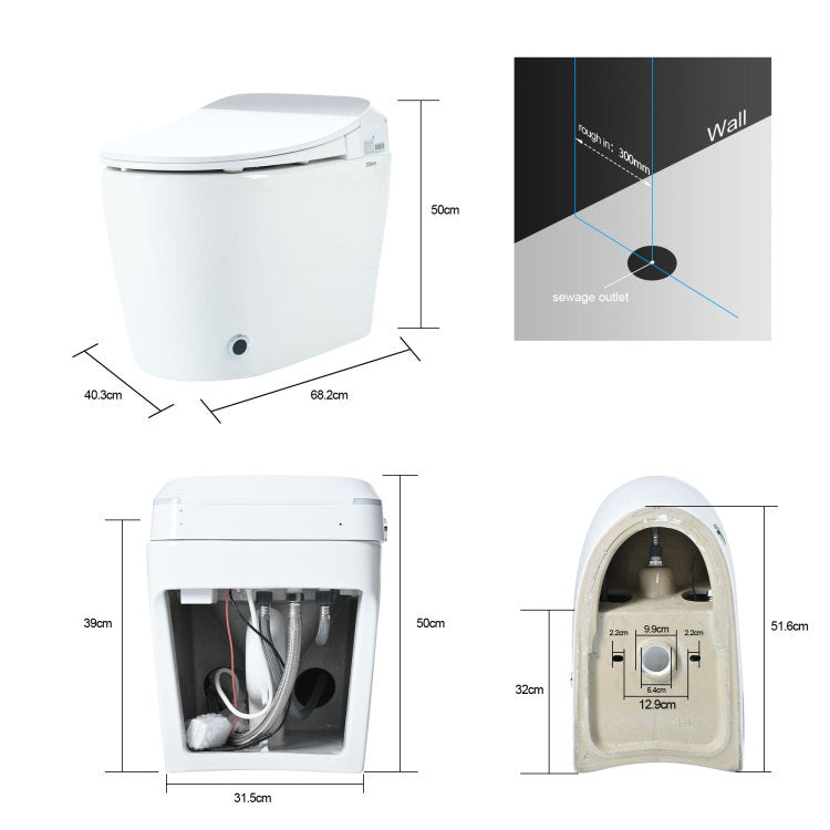 Heated Seat Smart Toilet, One Piece Toilet, Automatic Flush Tank Less Toilet Without Bidet, With Foot Sensor Flush, White Night Light, Knob Control, Power Outage Flushing, Soft Close Cover,White
