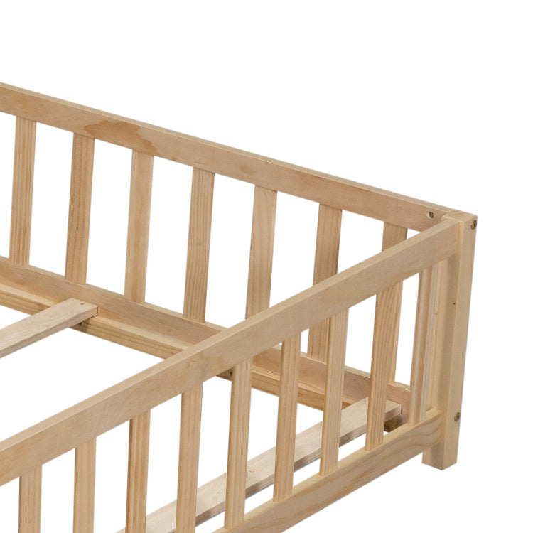 Full Size Floor Platform Bed With Fence And Door For Kids, Montessori Floor Bed Frame With Support Slats For Toddlers, Wooden Floor Bed Natural