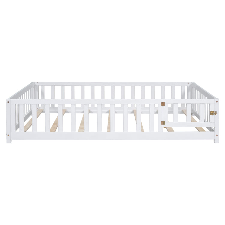 Full Size Floor Platform Bed With Fence And Door For Kids, Montessori Floor Bed Frame With Support Slats For Toddlers, Wooden Floor Bed White