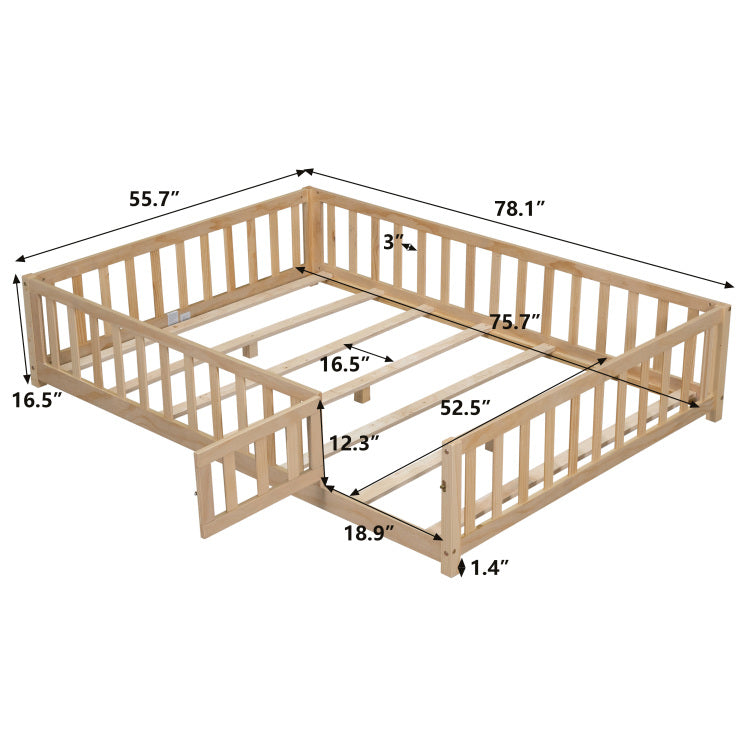 Full Size Floor Platform Bed With Fence And Door For Kids, Montessori Floor Bed Frame With Support Slats For Toddlers, Wooden Floor Bed Natural