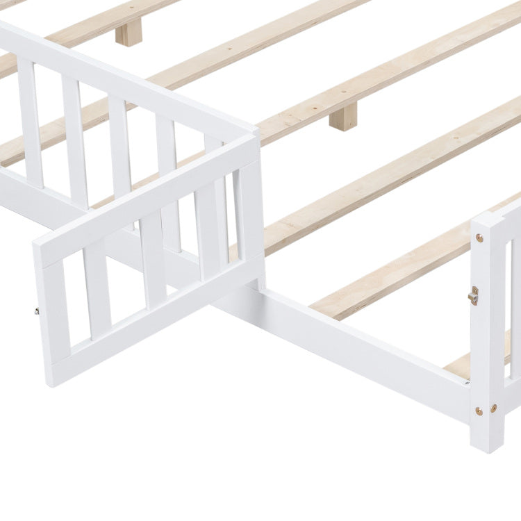 Full Size Floor Platform Bed With Fence And Door For Kids, Montessori Floor Bed Frame With Support Slats For Toddlers, Wooden Floor Bed White