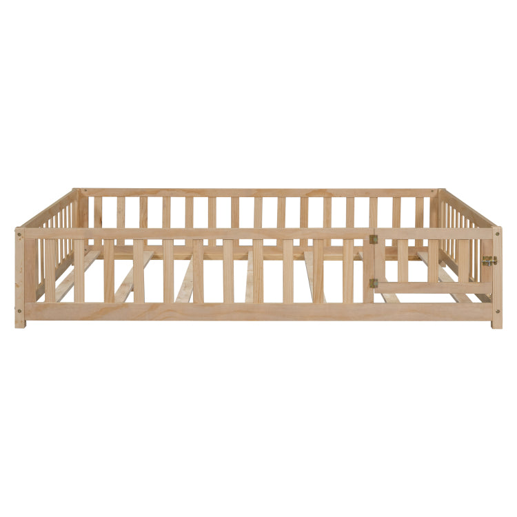 Full Size Floor Platform Bed With Fence And Door For Kids, Montessori Floor Bed Frame With Support Slats For Toddlers, Wooden Floor Bed Natural