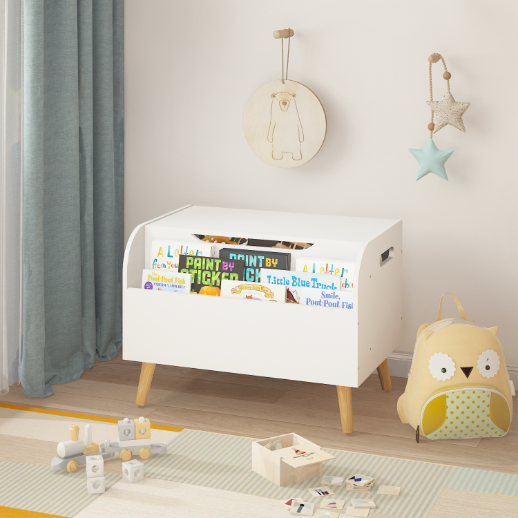 Wooden Toy Box, Kids Toy Storage Organizer With Front Bookshelf, Flip Top Lid, Safety Hinge, Boys Girls Toy Chest Bench For Playroom Kids Room Organization White