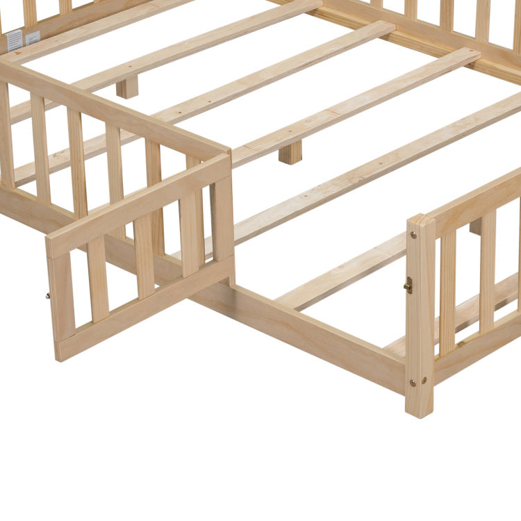 Full Size Floor Platform Bed With Fence And Door For Kids, Montessori Floor Bed Frame With Support Slats For Toddlers, Wooden Floor Bed Natural
