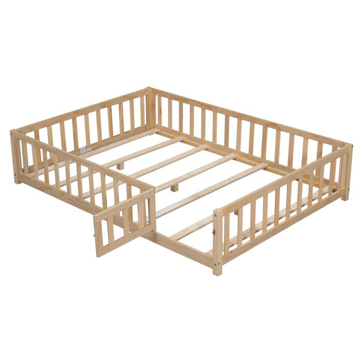 Full Size Floor Platform Bed With Fence And Door For Kids, Montessori Floor Bed Frame With Support Slats For Toddlers, Wooden Floor Bed Natural