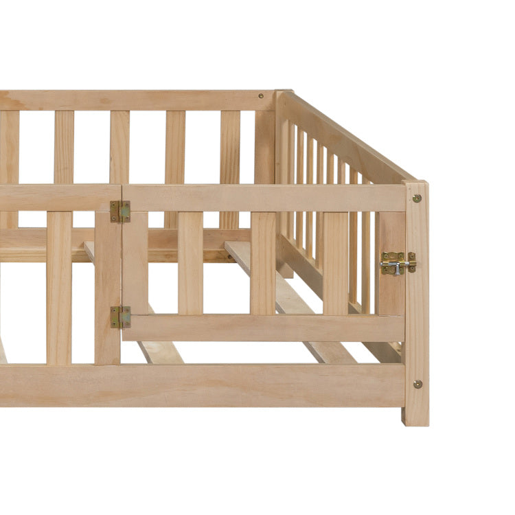 Full Size Floor Platform Bed With Fence And Door For Kids, Montessori Floor Bed Frame With Support Slats For Toddlers, Wooden Floor Bed Natural