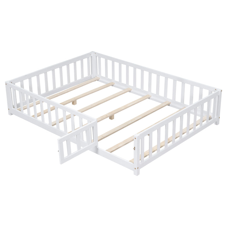Full Size Floor Platform Bed With Fence And Door For Kids, Montessori Floor Bed Frame With Support Slats For Toddlers, Wooden Floor Bed White
