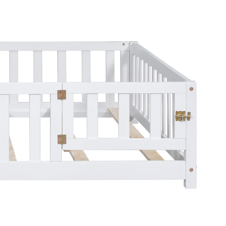 Full Size Floor Platform Bed With Fence And Door For Kids, Montessori Floor Bed Frame With Support Slats For Toddlers, Wooden Floor Bed White