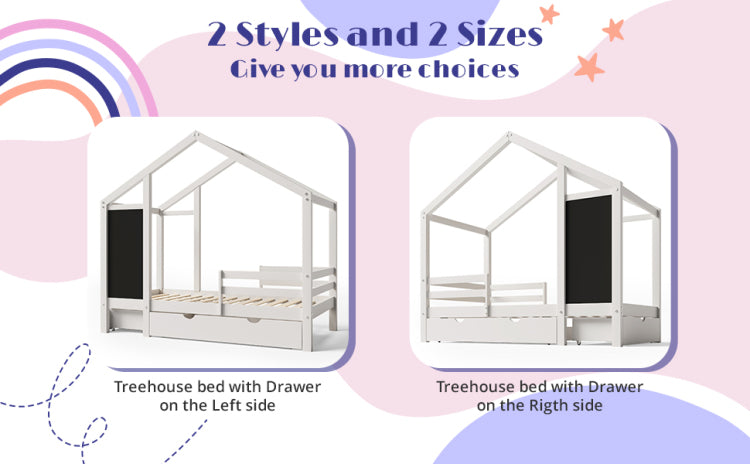 Twin House Bed With Blackboard And Drawers, Two Assembly Options, White