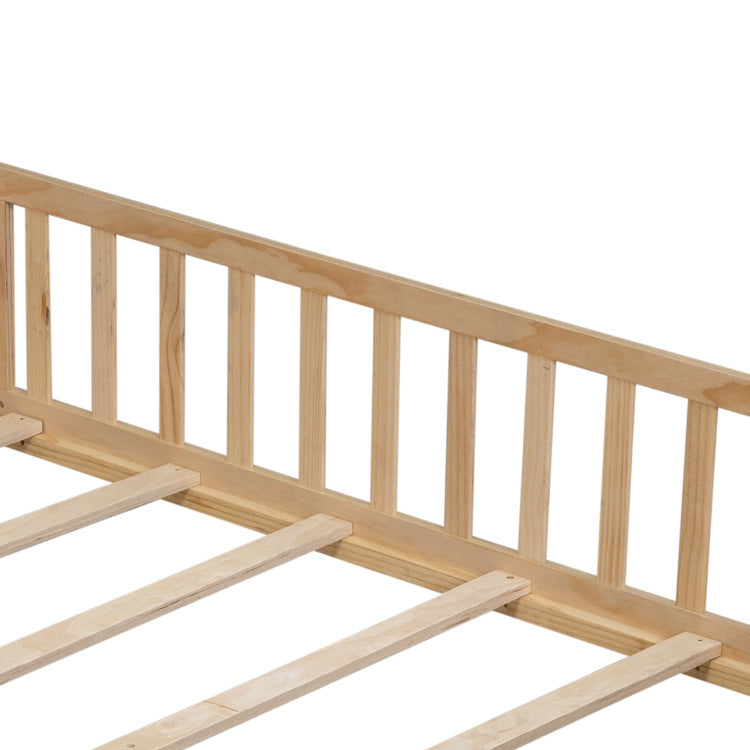 Full Size Floor Platform Bed With Fence And Door For Kids, Montessori Floor Bed Frame With Support Slats For Toddlers, Wooden Floor Bed Natural