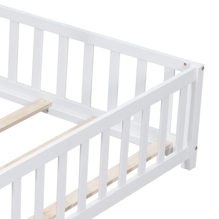 Full Size Floor Platform Bed With Fence And Door For Kids, Montessori Floor Bed Frame With Support Slats For Toddlers, Wooden Floor Bed White