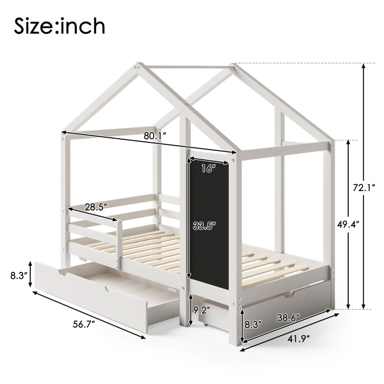 Twin House Bed With Blackboard And Drawers, Two Assembly Options, White