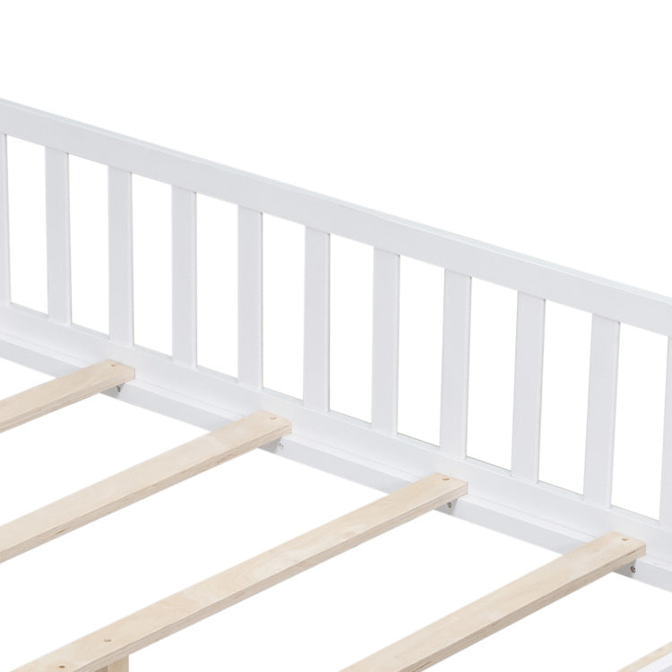 Full Size Floor Platform Bed With Fence And Door For Kids, Montessori Floor Bed Frame With Support Slats For Toddlers, Wooden Floor Bed White