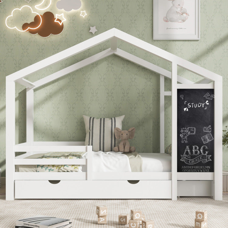 Twin House Bed With Blackboard And Drawers, Two Assembly Options, White