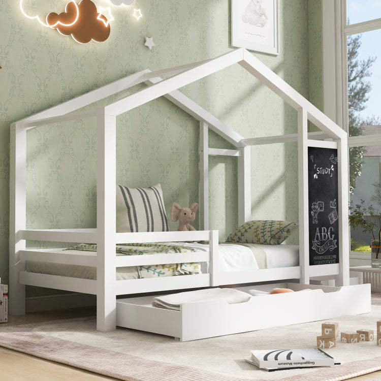 Twin House Bed With Blackboard And Drawers, Two Assembly Options, White