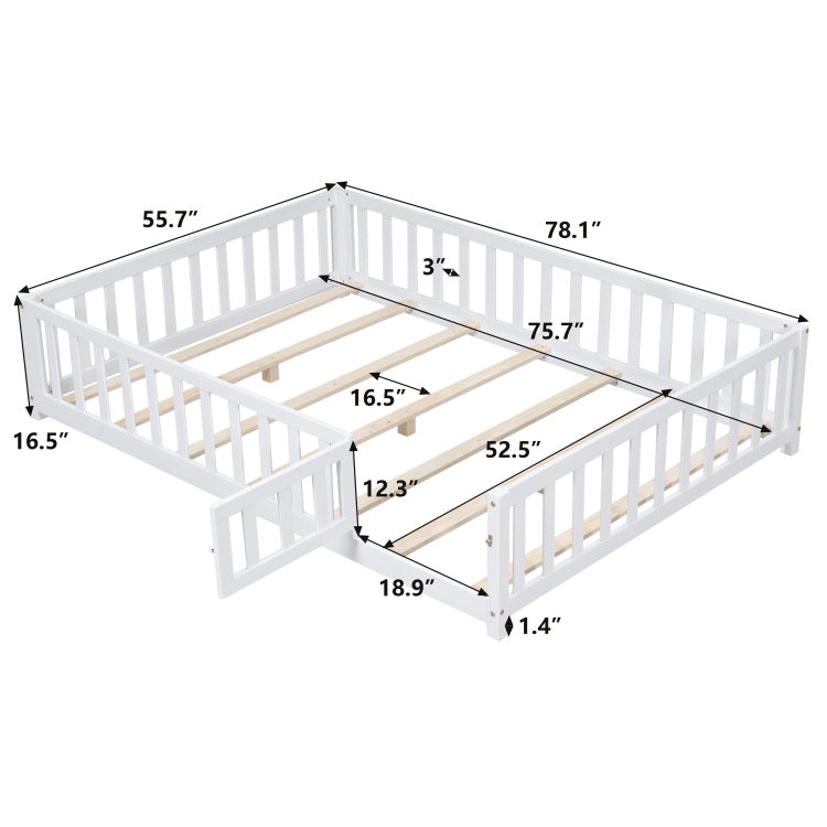 Full Size Floor Platform Bed With Fence And Door For Kids, Montessori Floor Bed Frame With Support Slats For Toddlers, Wooden Floor Bed White