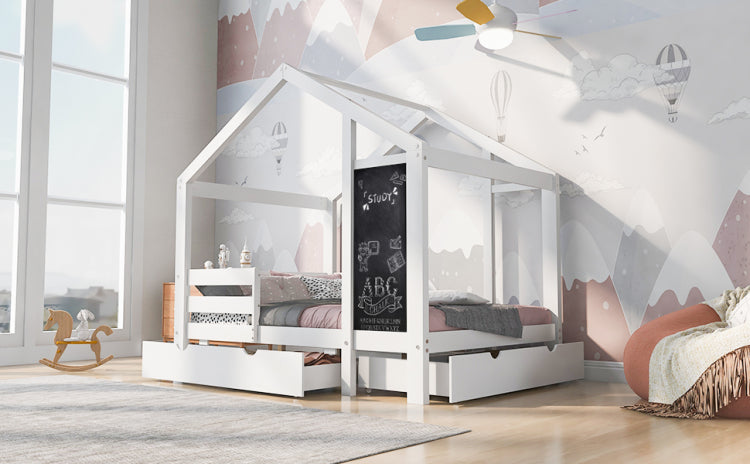Twin House Bed With Blackboard And Drawers, Two Assembly Options, White
