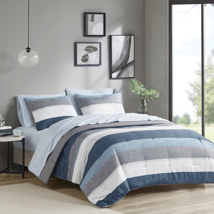 Stripe Comforter Set With Bed Sheets Blue Grey Twin