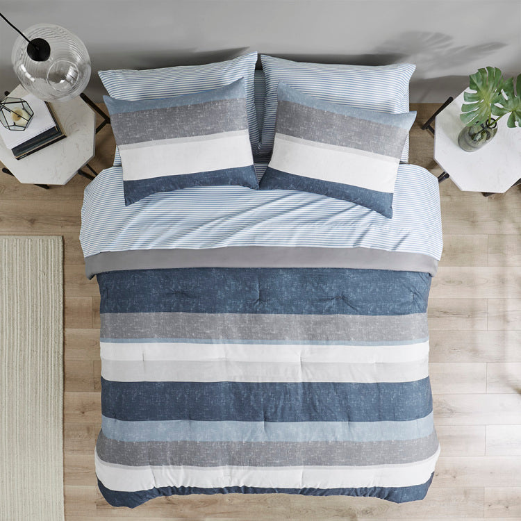 Stripe Comforter Set With Bed Sheets Blue Grey Twin