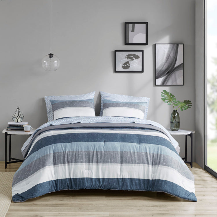 Stripe Comforter Set With Bed Sheets Blue Grey Twin