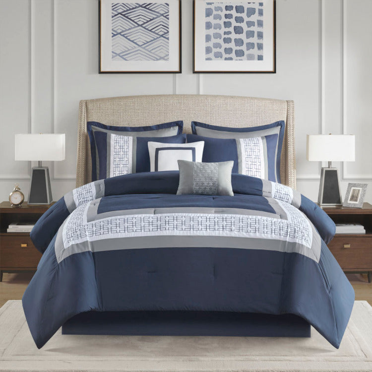8 Piece Embroidered Comforter Set Navy King