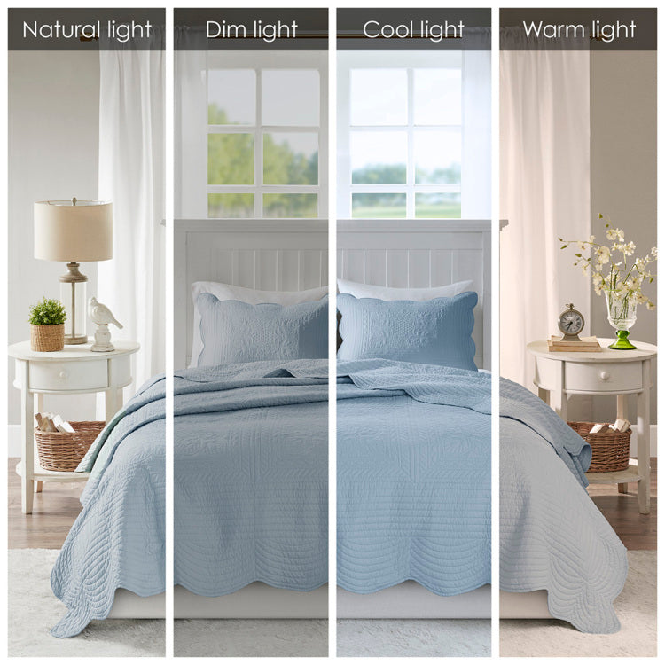 3 Piece Reversible Scalloped Edge Quilt Set Blue Full Queen