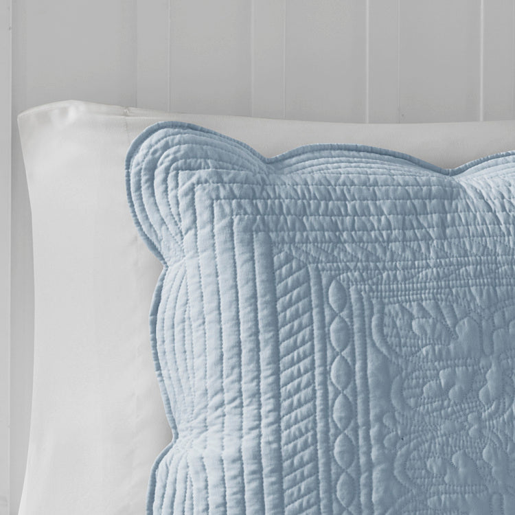 3 Piece Reversible Scalloped Edge Quilt Set Blue Full Queen