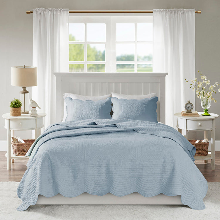 3 Piece Reversible Scalloped Edge Quilt Set Blue Full Queen