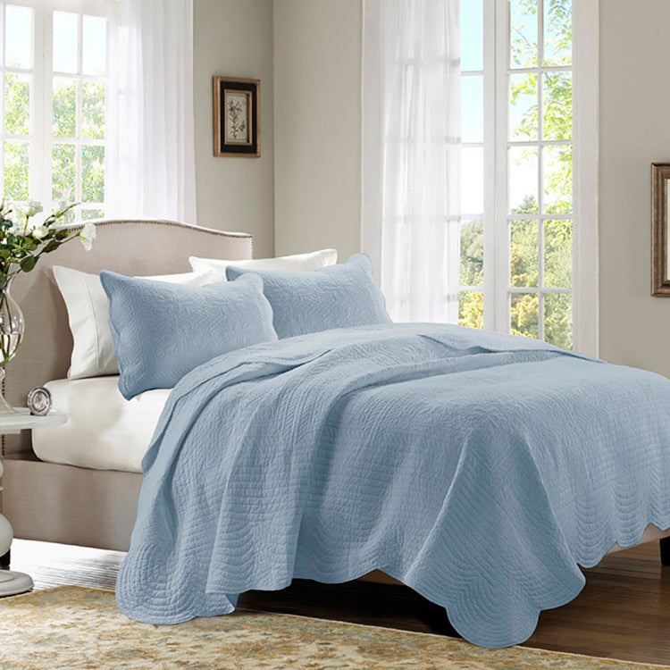 3 Piece Reversible Scalloped Edge Quilt Set Blue Full Queen