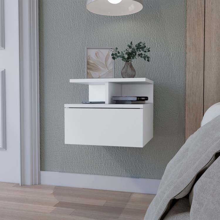 Augusta Floating Nightstand With 2 Tier Shelf And 1 Drawer
