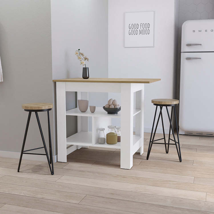 Lisbon Kitchen Island, 3 Tier Shelf And Large Workstation