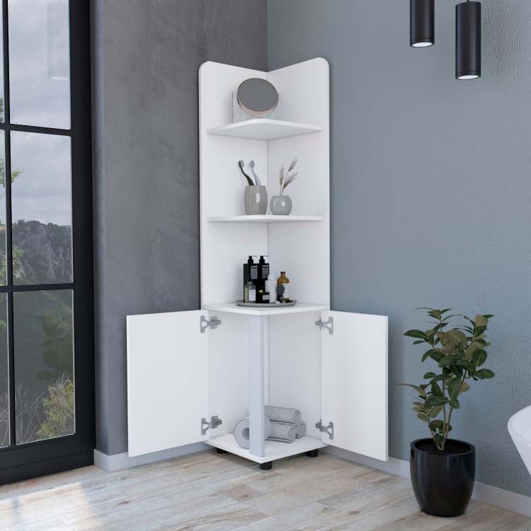 Sunriver Corner Shelf With Cabinet, 3 Tier Shelf, Metal Handles