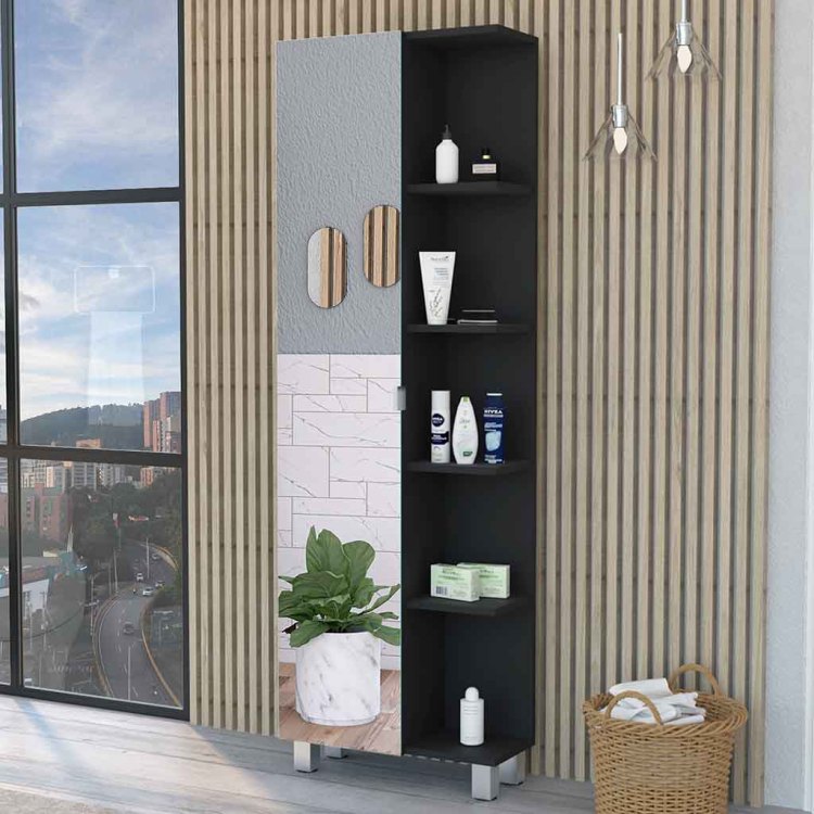 Los Angeles Linen Cabinet, Mirror, Five Shelves