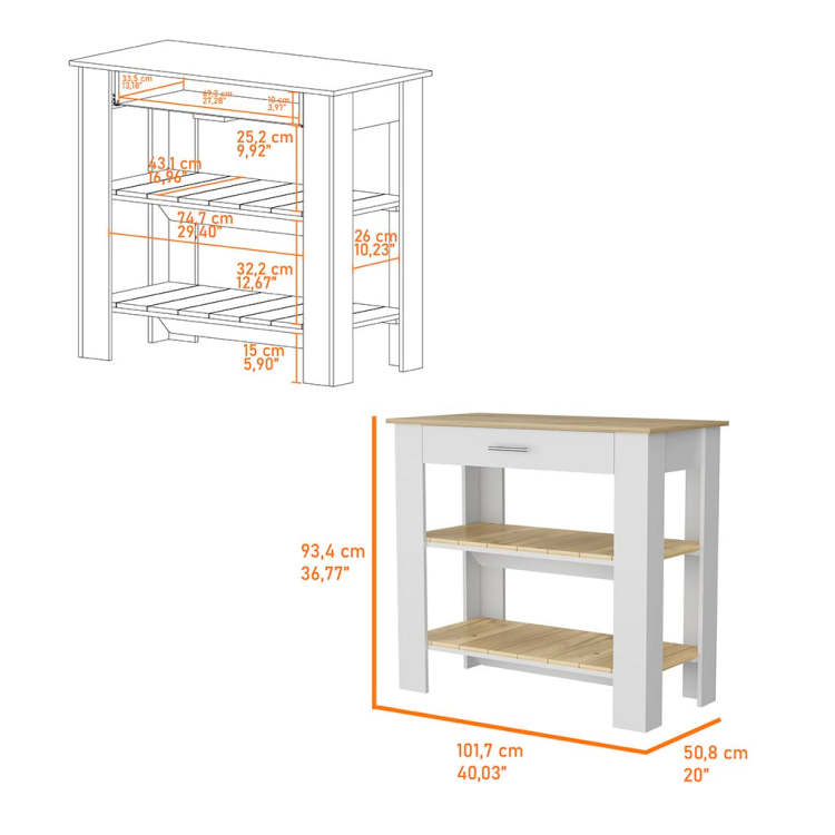 Brooklyn 40 Kitchen Island, Two Shelves, One Drawer