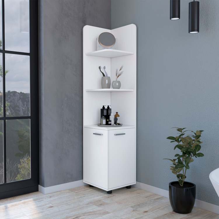 Sunriver Corner Shelf With Cabinet, 3 Tier Shelf, Metal Handles