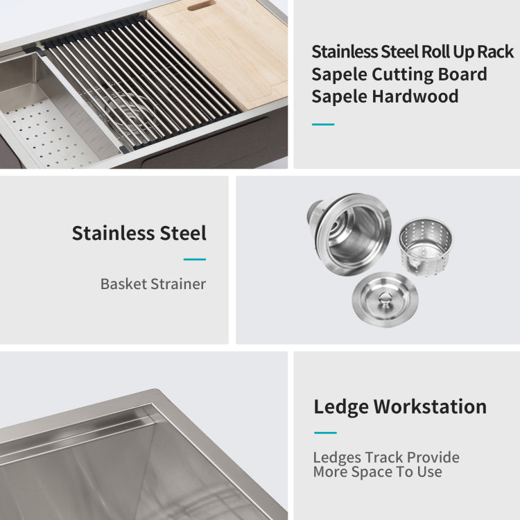 33" Undermount Kitchen Sink 33*19*9 Inch Kitchen Sink Undermount Single Bowl 16 Gauge Stainless Steel Ledge Workstation Kitchen Sinks