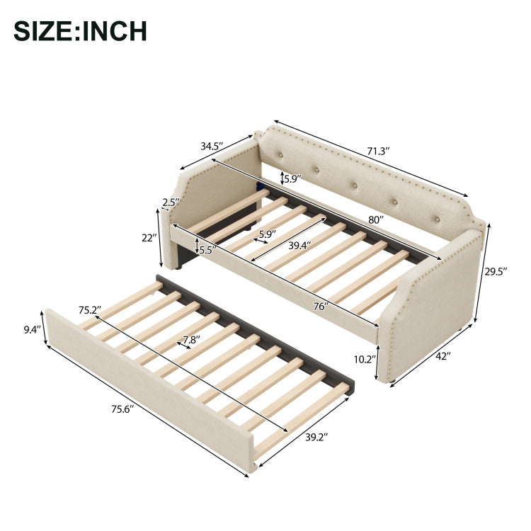 Upholstered Daybed With Trundle, Wood Slat Support,Upholstered Frame Sofa Bed, Twin, Beige