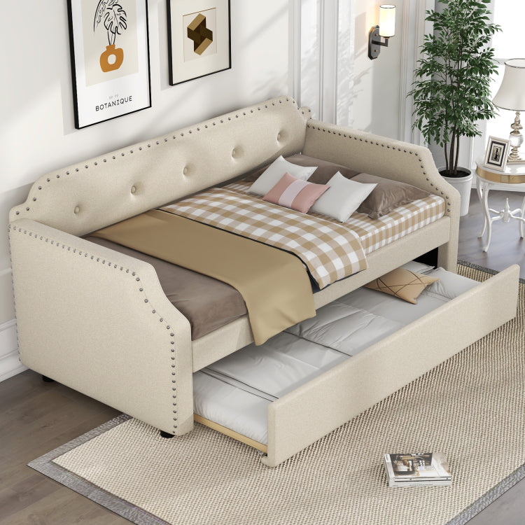 Upholstered Daybed With Trundle, Wood Slat Support,Upholstered Frame Sofa Bed, Twin, Beige