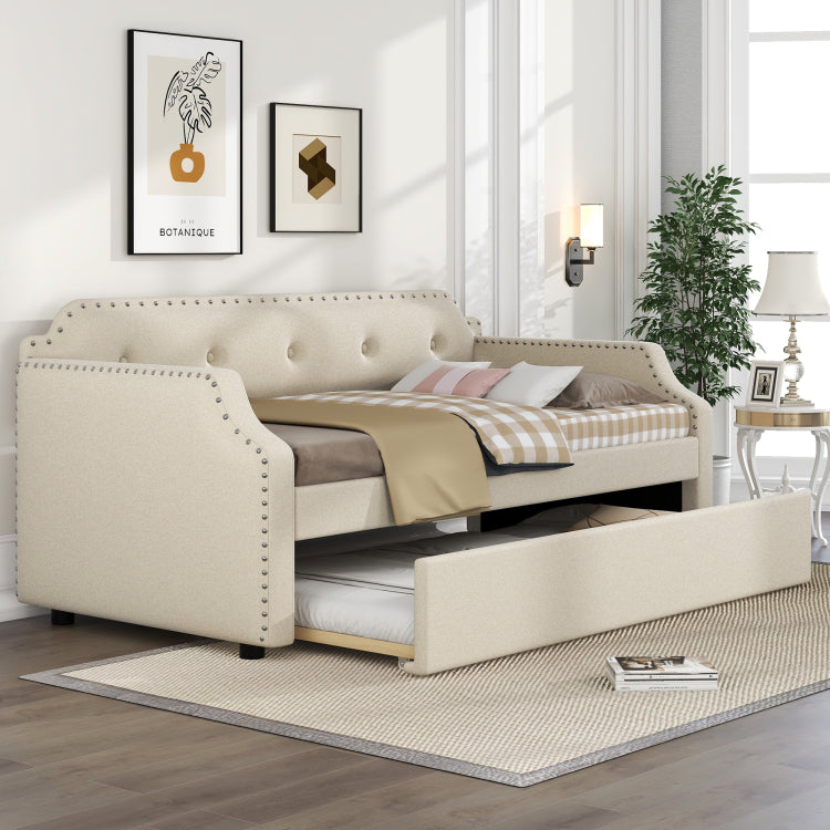 Upholstered Daybed With Trundle, Wood Slat Support,Upholstered Frame Sofa Bed, Twin, Beige