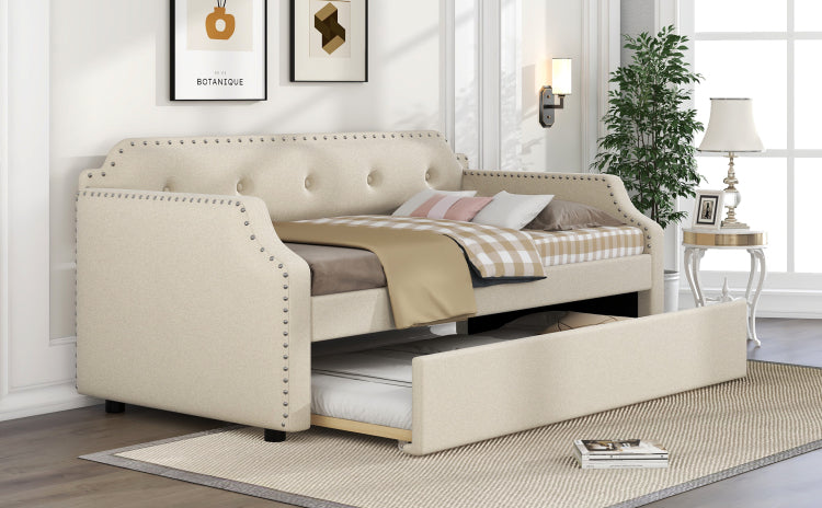 Upholstered Daybed With Trundle, Wood Slat Support,Upholstered Frame Sofa Bed, Twin, Beige
