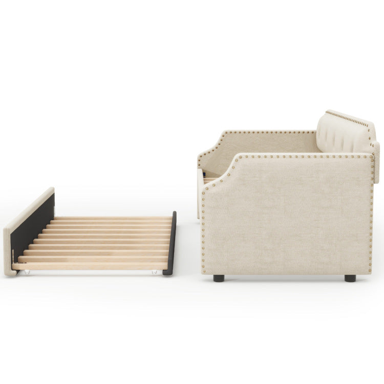 Upholstered Daybed With Trundle, Wood Slat Support,Upholstered Frame Sofa Bed, Twin, Beige