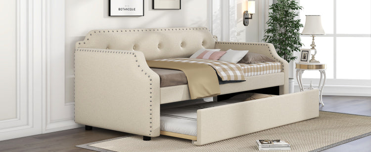 Upholstered Daybed With Trundle, Wood Slat Support,Upholstered Frame Sofa Bed, Twin, Beige