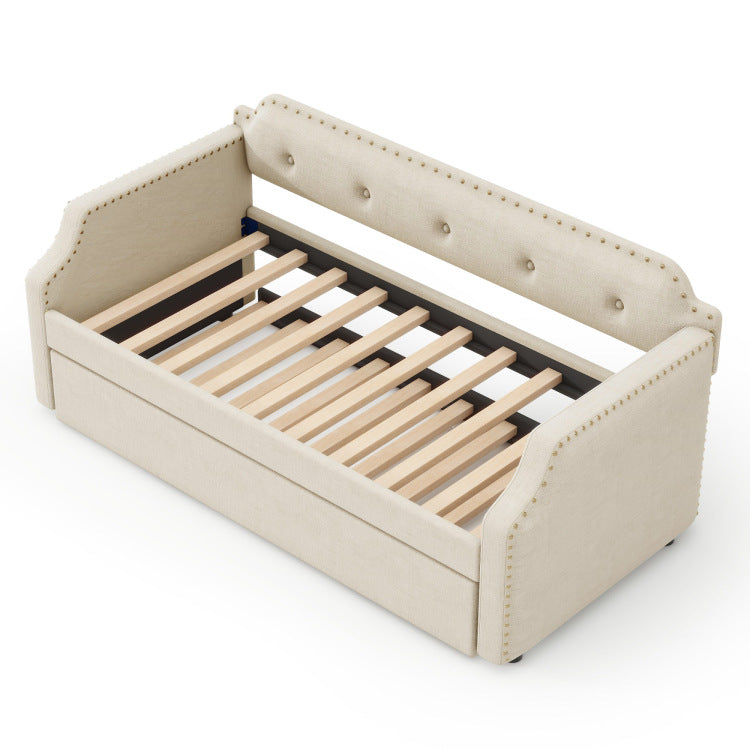 Upholstered Daybed With Trundle, Wood Slat Support,Upholstered Frame Sofa Bed, Twin, Beige