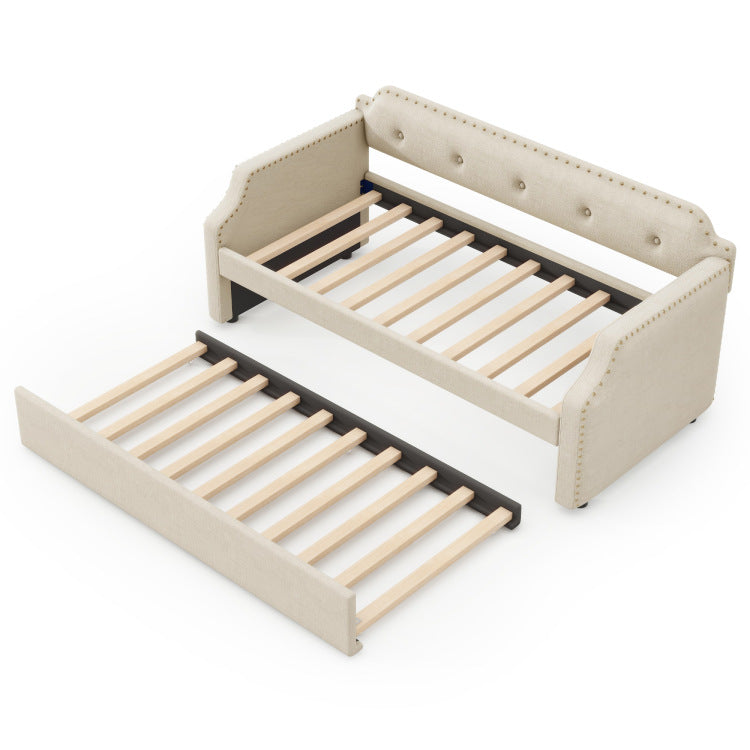 Upholstered Daybed With Trundle, Wood Slat Support,Upholstered Frame Sofa Bed, Twin, Beige
