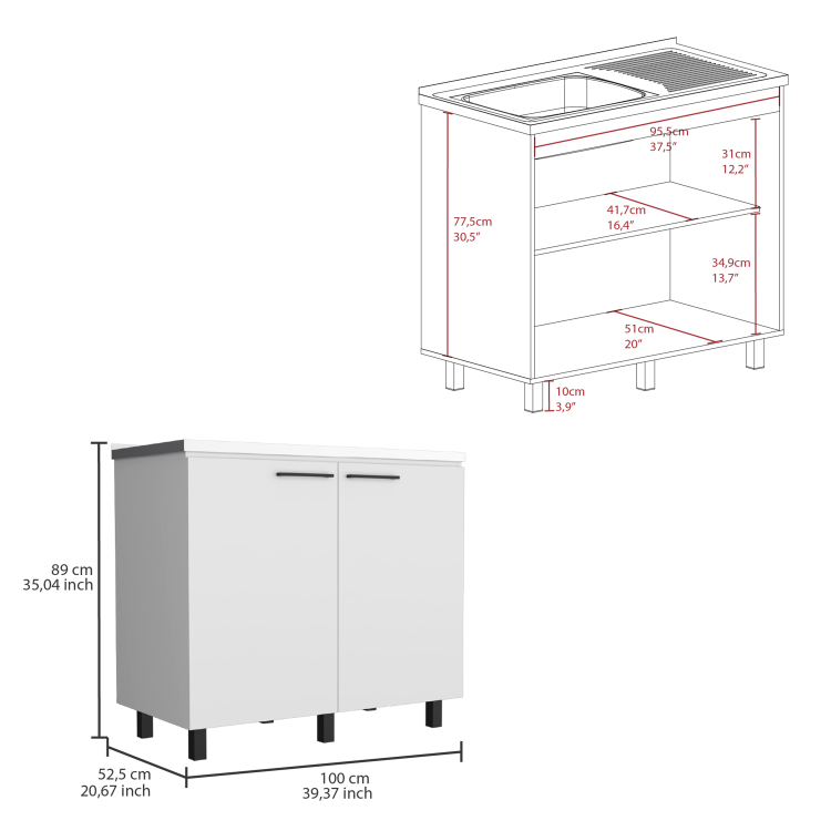 Alexandria 2 Piece Kitchen Set, Wall Cabinet Utility Sink, White
