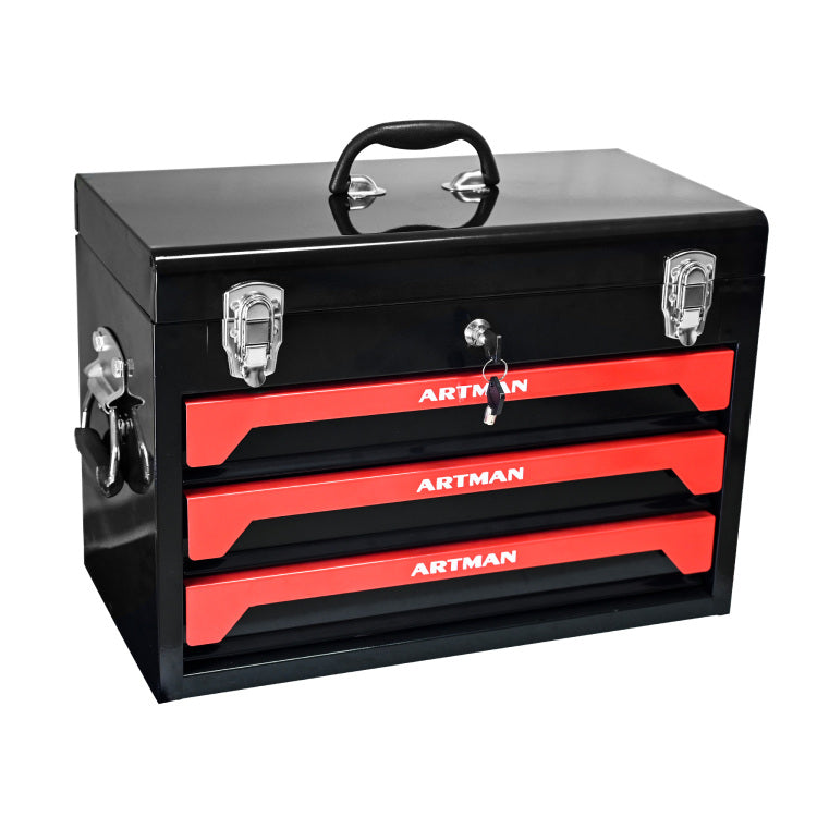20" Portable 3 Drawer Steel Tool Box With Metal Latch Closure, Black&Red