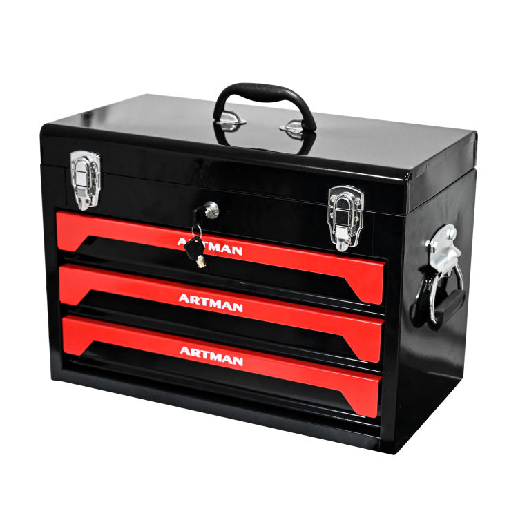 20" Portable 3 Drawer Steel Tool Box With Metal Latch Closure, Black&Red