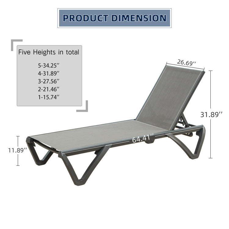 Patio Chaise Lounge Outdoor Aluminum Polypropylene Chair With Adjustable Backrest, Poolside Sunbathing Chair For Beach,Yard,Balcony Gray, 2 Lounge Chairs