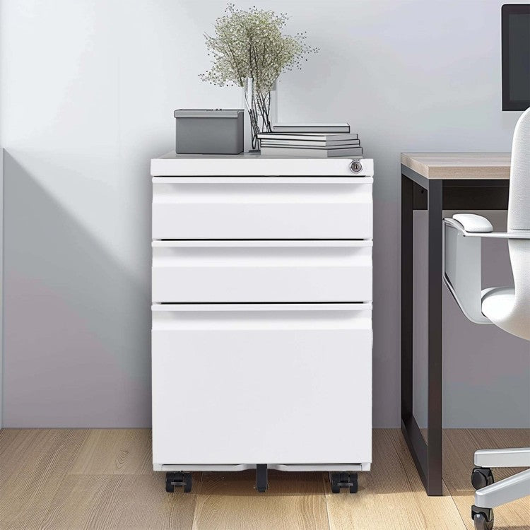 3 Drawer Mobile File Cabinet With Lock,Metal Filing Cabinets For Home Office Organizer Letters Legal A4,Fully Assembled Except Wheels,White