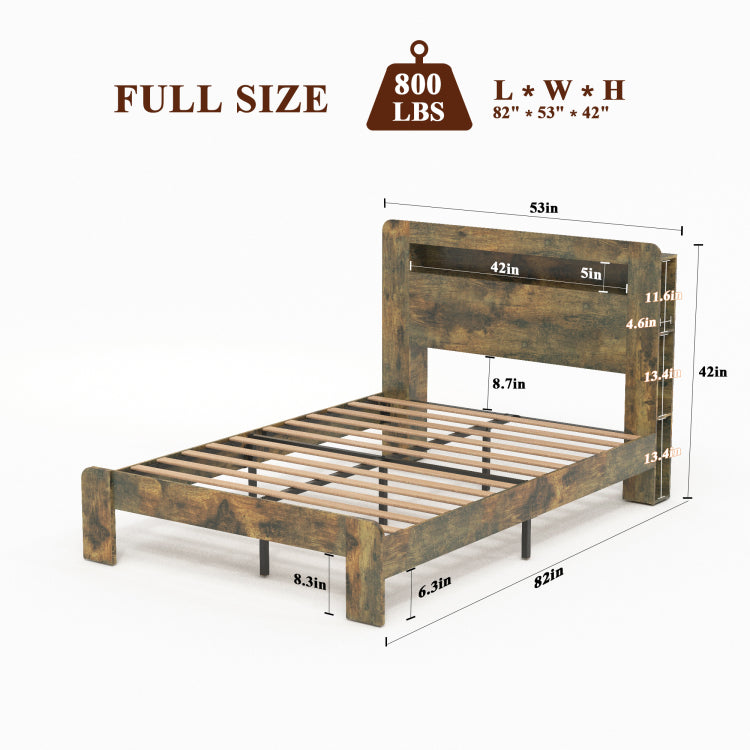 Bed Frame Full Size, Wood Platform Bed Frame With Storage Led Light Headboard And 2 Usb , Noise Free,No Box Spring Needed And Easy Assembly Tool,Large Under Bed Storage,Dark Brown